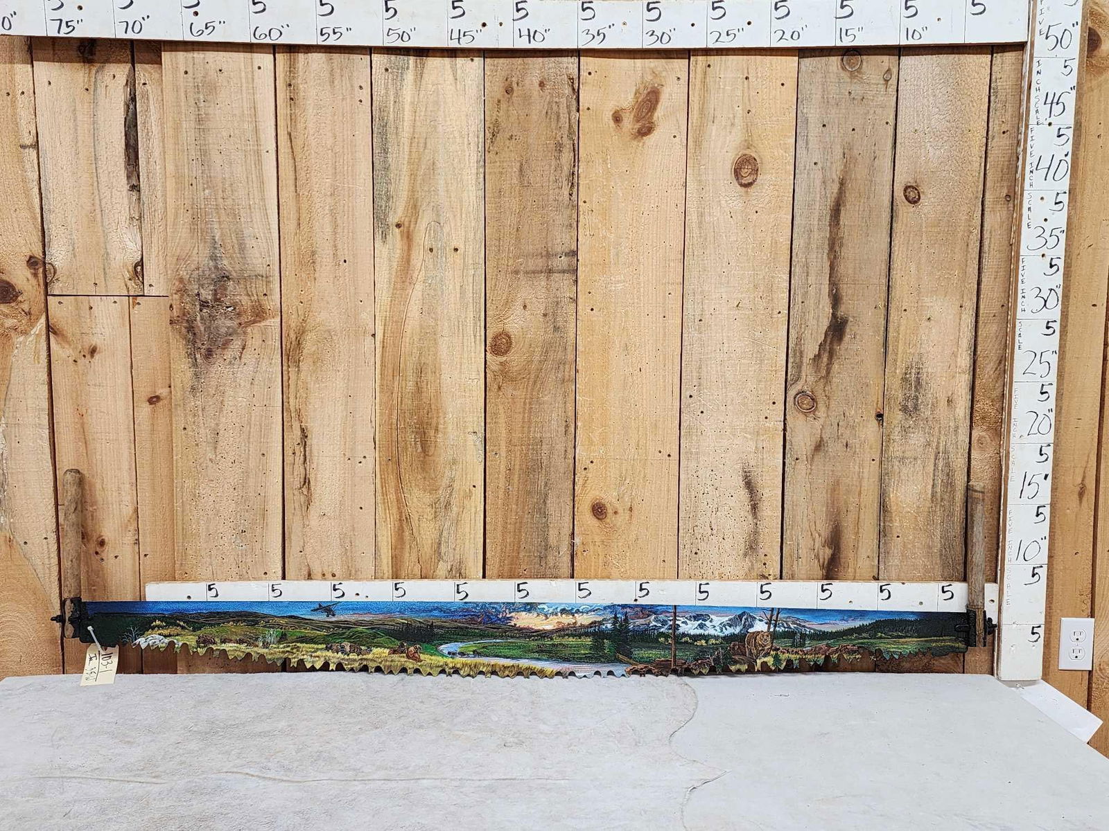 Vintage Hand Painted 75" Crosscut Saw: 103.1 Featuring Bison Grizzly Bear with mountain range background signed by Amish lady artist awesome look