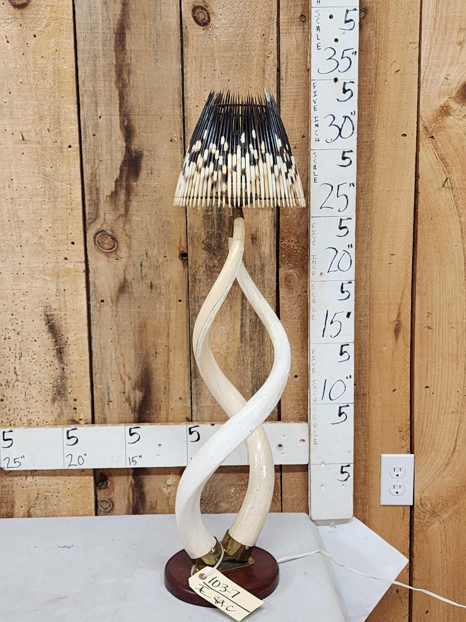 African Kudu Horn Core Desk Lamp: 103.7 Neat piece with African Porcupine quill shade