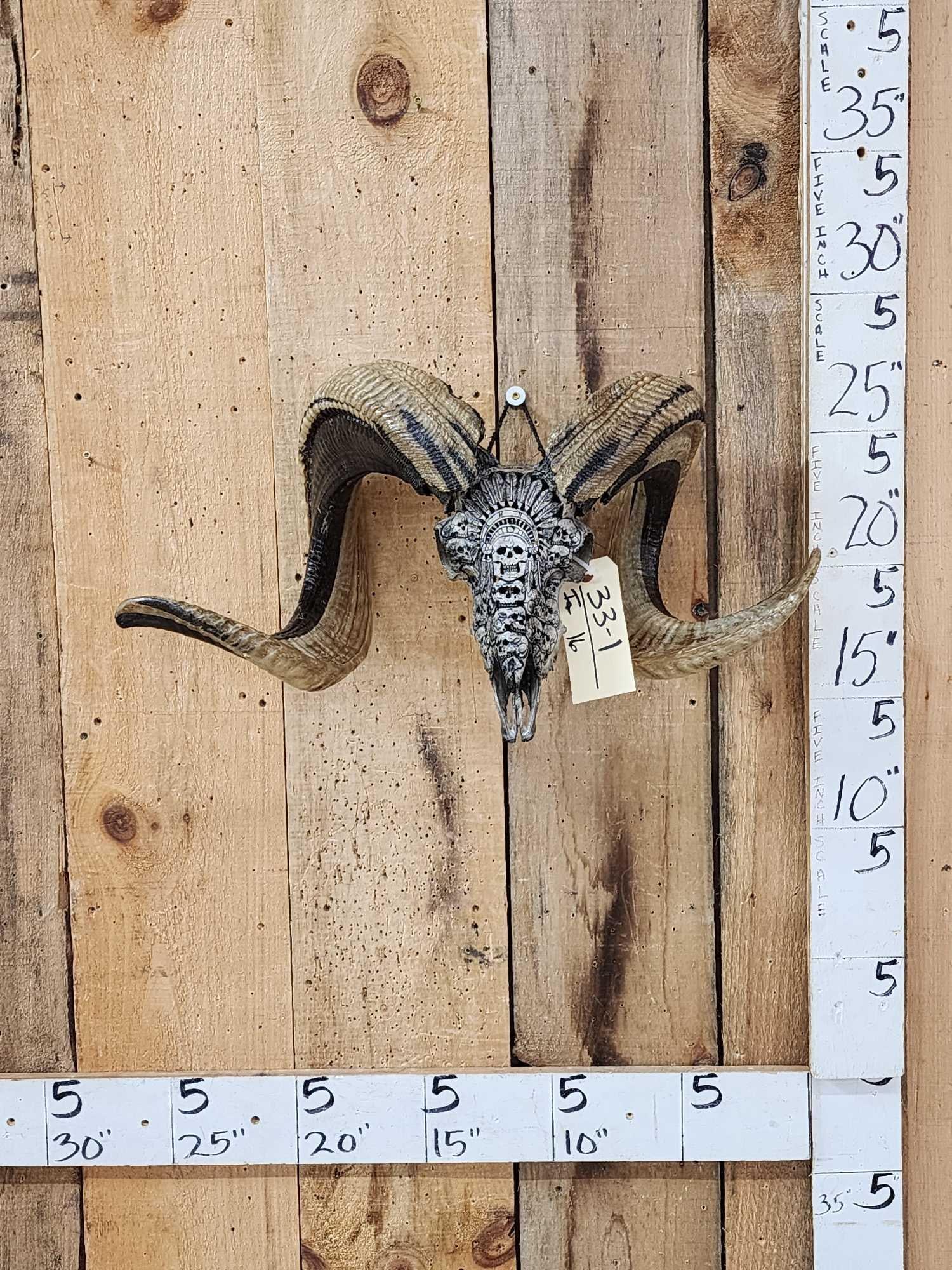 Hand Carved Ram Sheep Skull Taxidermy Artwork: 33.1 Big full curl horns awesome colors highly detailed carving with a Native American Macabre theme featuring human skulls