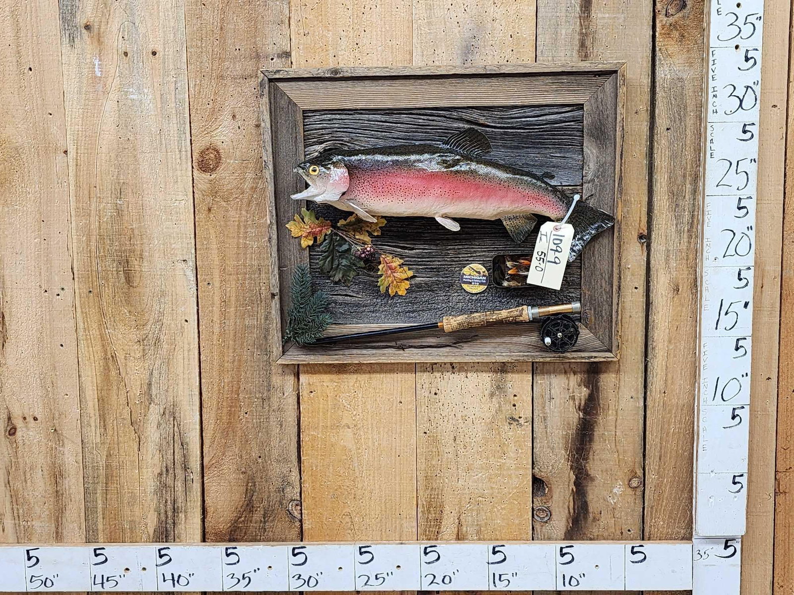 22" Rainbow Trout Real Skin Fish Taxidermy: 109.9 Cool vintage refurbished mount on rustic barn wood display decorated with vintage sporting goods collectibles