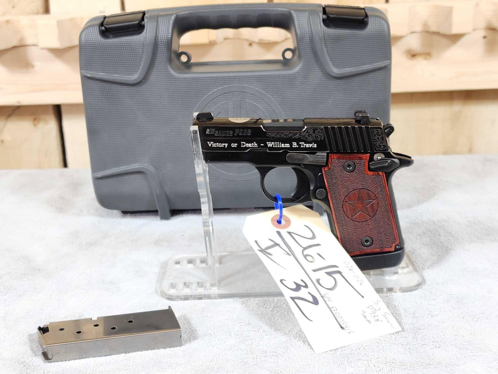 Sig Sauer Model P938 Texas Commemorative 9mm Semi Auto Pistol: 26.15 Brand new never fired factory engraved 3" barrel ambidextrous safety extra mag SN 52E095415