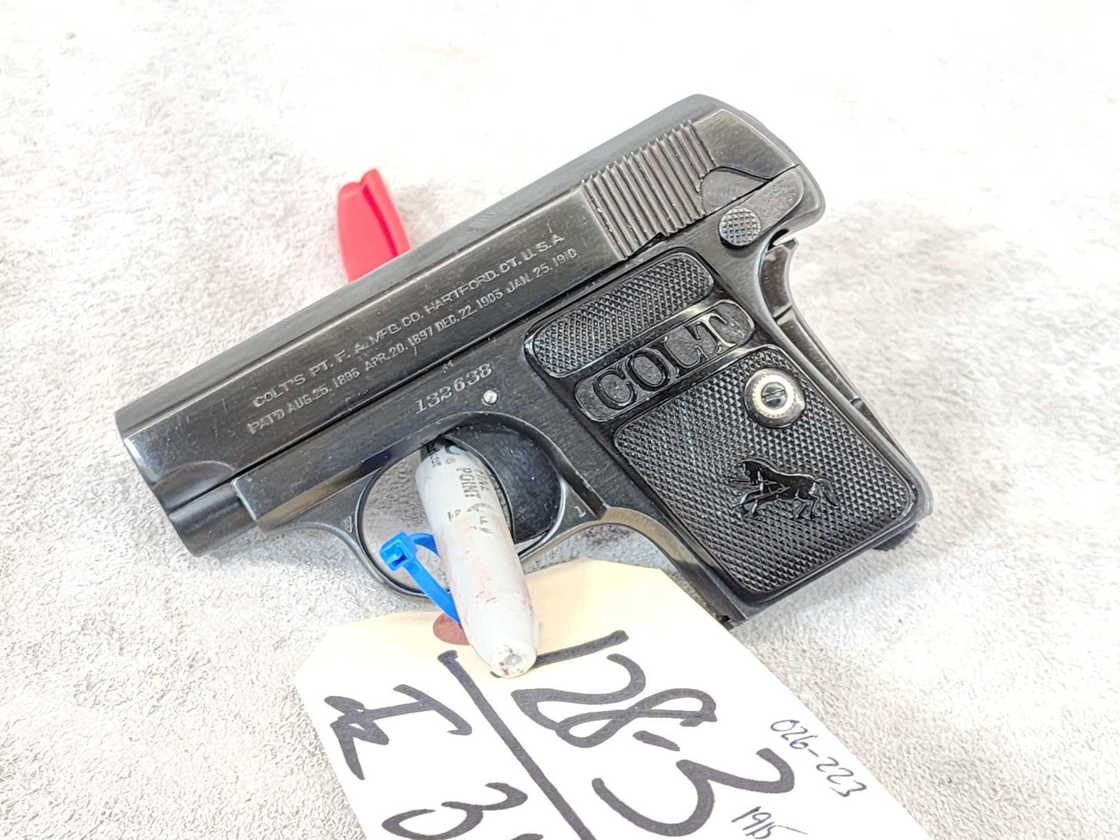 Colt Automatic Model 1908 Vest Pocket .25 cal Semi Auto Pistol Mfg 1915: 128.3 Excellent condition for its age action seems crisp SN 132638