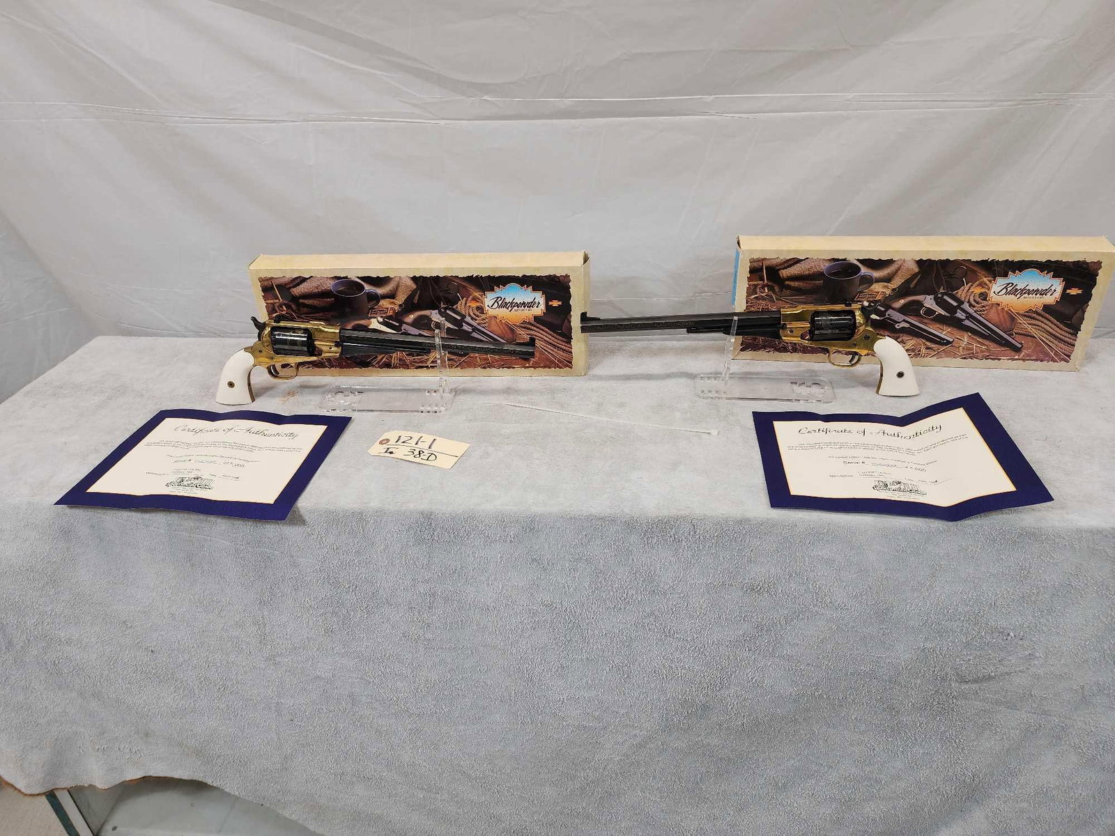 2 F. LLI Pietta Limited Edition. 44 Cal Black Powder Dueling Revolvers: 121.1 Both Remington Model 1858 replicas with sequential serial numbers limited edition 1 of 5000 with custom presentation case. Both with 12" barrels Both with COA original boxes one money buys the s