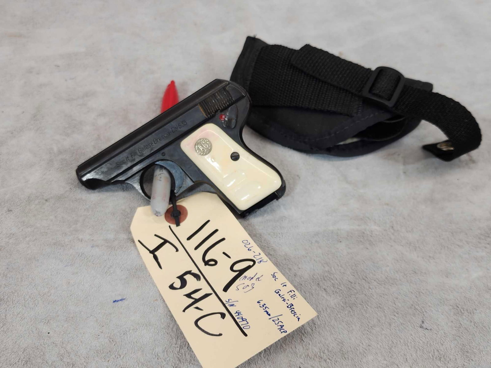 Soc It. Galesi Brescia Model 503 6.35 / 25cal Semi Auto Pistol: 116.9 Interesting piece action seems crisp shiny bore good rifling SN 440970