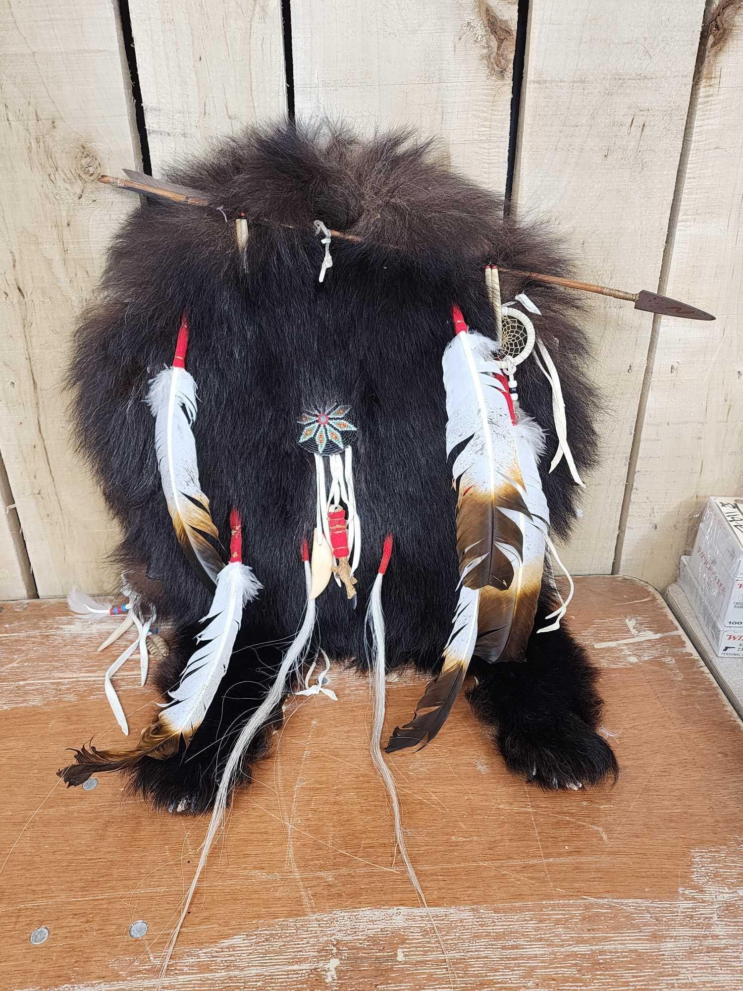 Native American Style Black Bear Skin Ceremonial Dance Shield: 120.22 Awesome look decorated with domestic bird feathers seed beaded medallions more