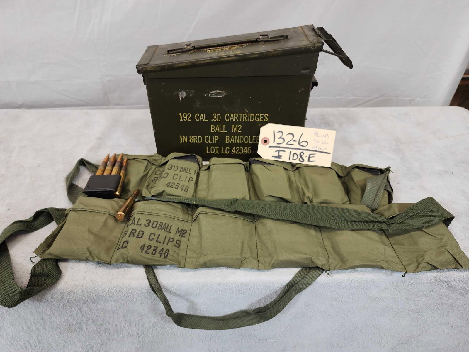 96 Rounds Of Military 30-06 Ammunition: 132.6 In bandoleers and 8 round clips with ammo can