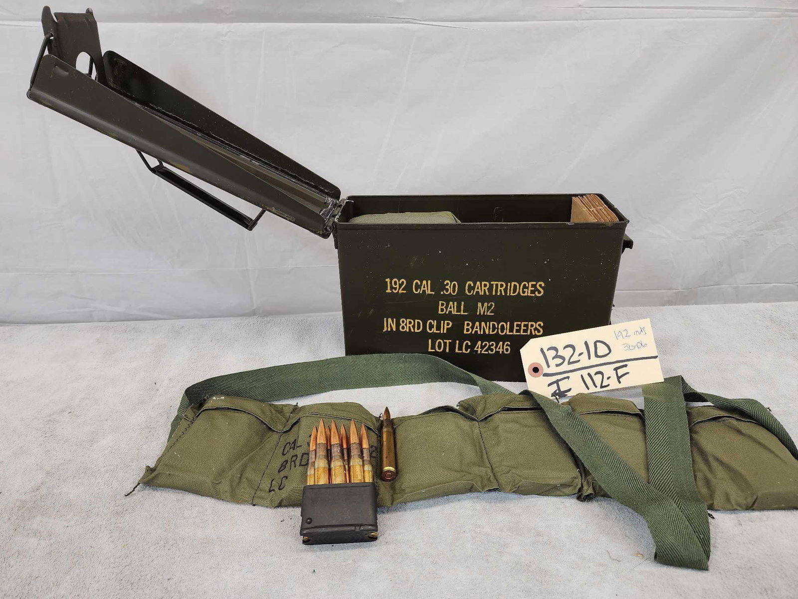 192 Rounds Of Military 30-06 Ammunition: 132.10 In bandoleers and 8 round clips with original ammo can