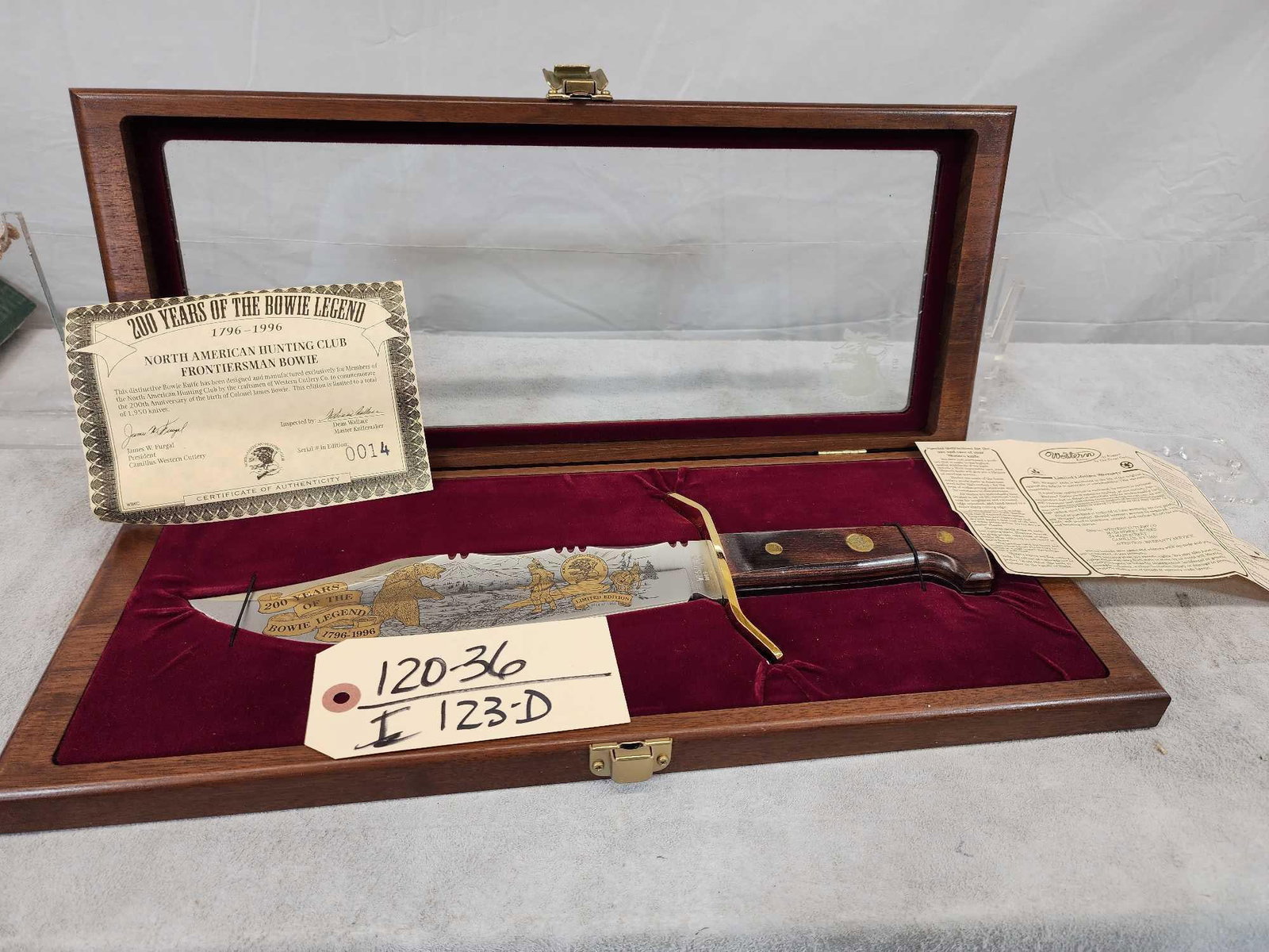 Western Frontiersman Commemorative Bowie Knife: 120.36 By North America Hunting Club celebrating 200 years of the Bowie legend 1796-1996 engraved with 9 1/4" blade model W49 knife in presentation case