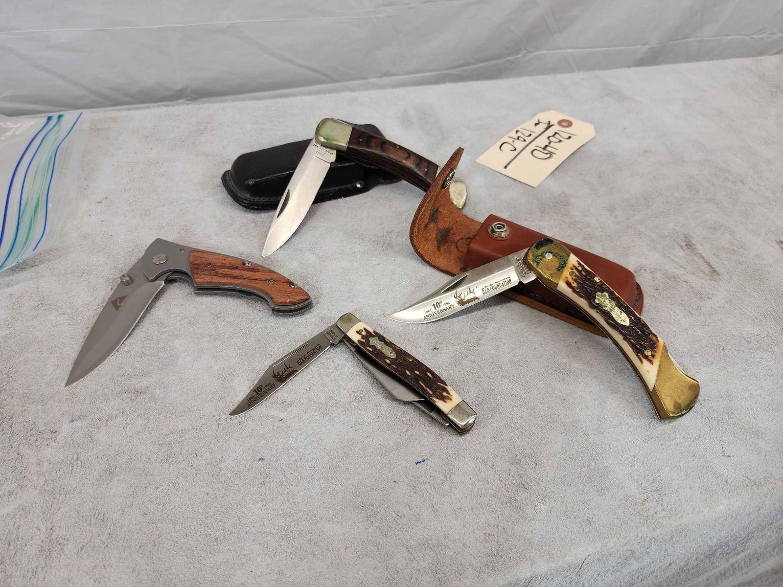 Collection Of 4 Lock Blade Folding Knives: 120.40 Includes 2 Schrade Rocky Mountain Elk Foundation Commemoratives , Katz Brand every day carry knife one money buys the lot