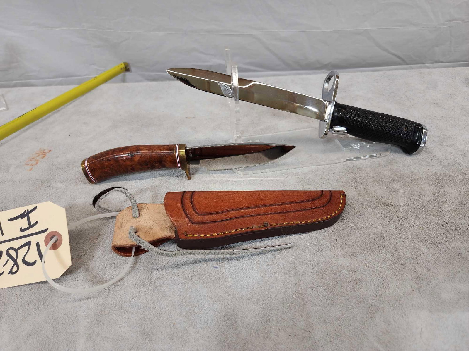 2 Fixed Blade Knives: 128.28 Parade Bayonet custom made knife with makers mark sheath