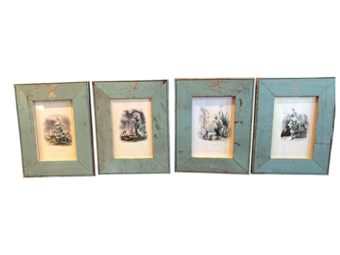 Antique Bookplates in Distressed Green Frames, Set: Ideal in a kitchen nook or in a child’s bedroom, these antique bookplates framed in charming distressed green frames would look great together or in a gallery wall. 10.75″w x 13.75″h Pri