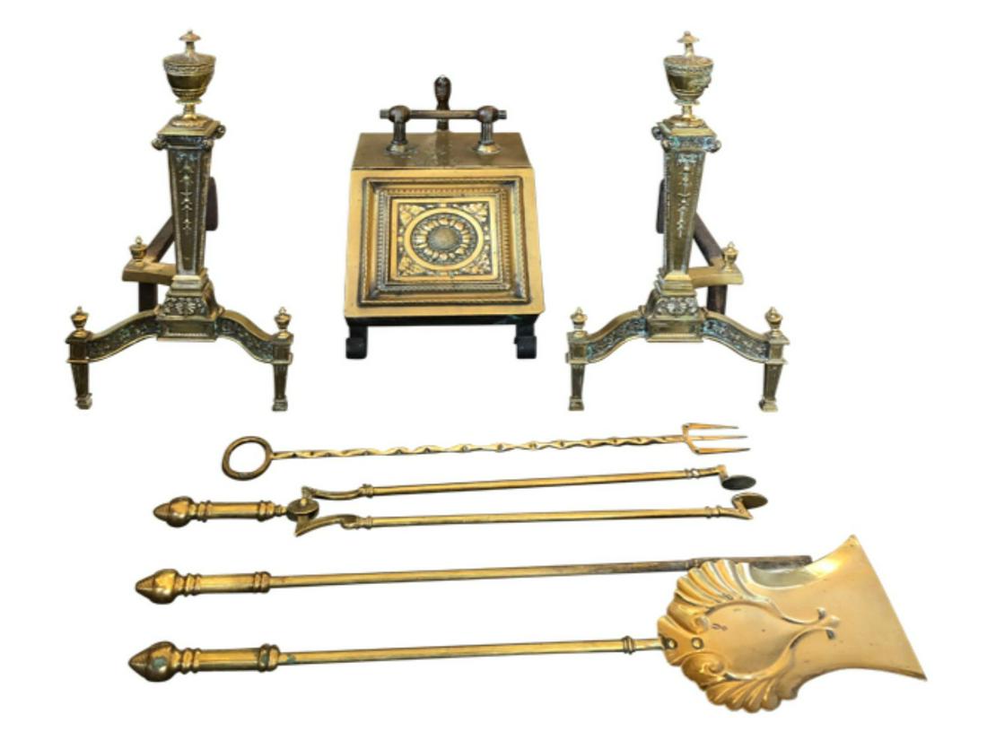 Antique Brass Andirons, Tools & Ash Box (1 of 9)