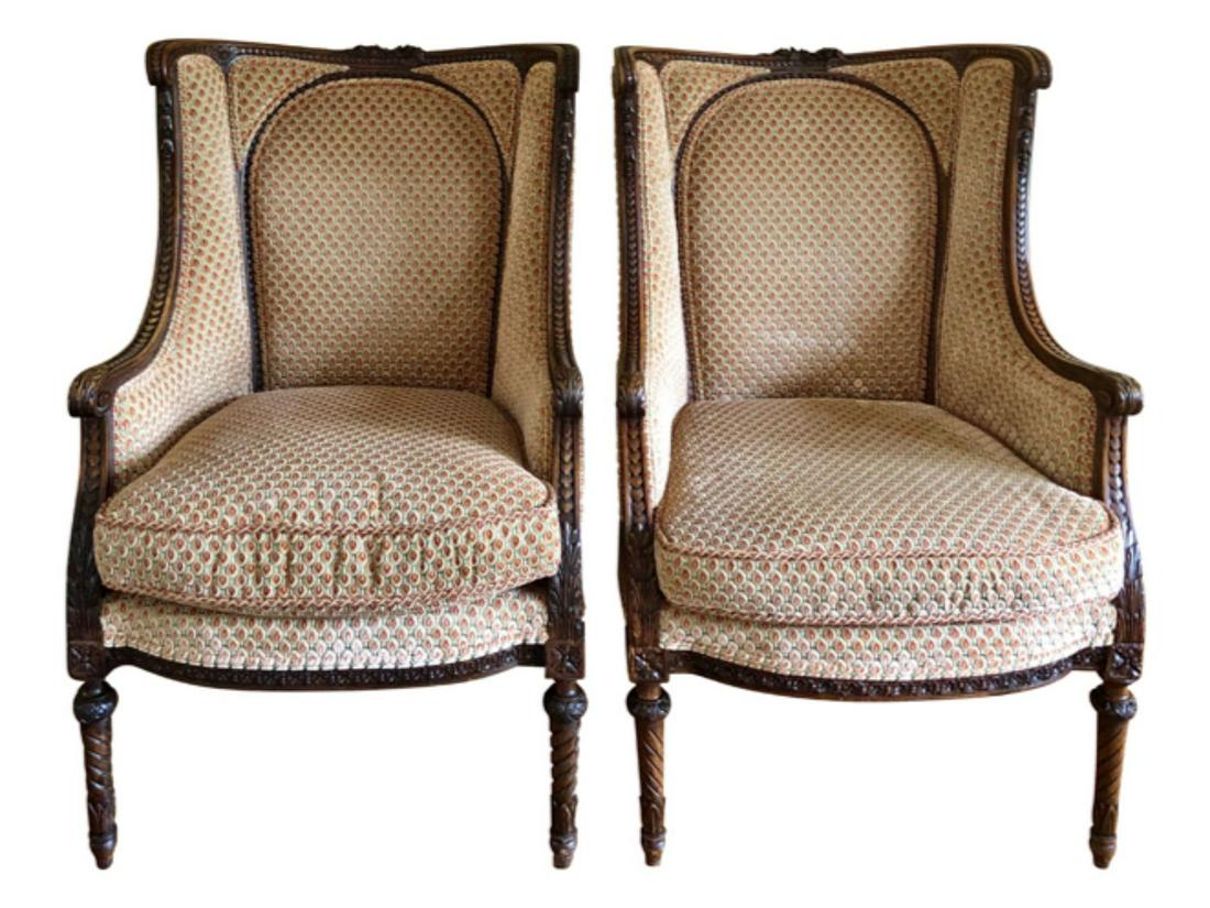 Louis XVI Style Wingback Bergere Chairs, Pair (1 of 6)