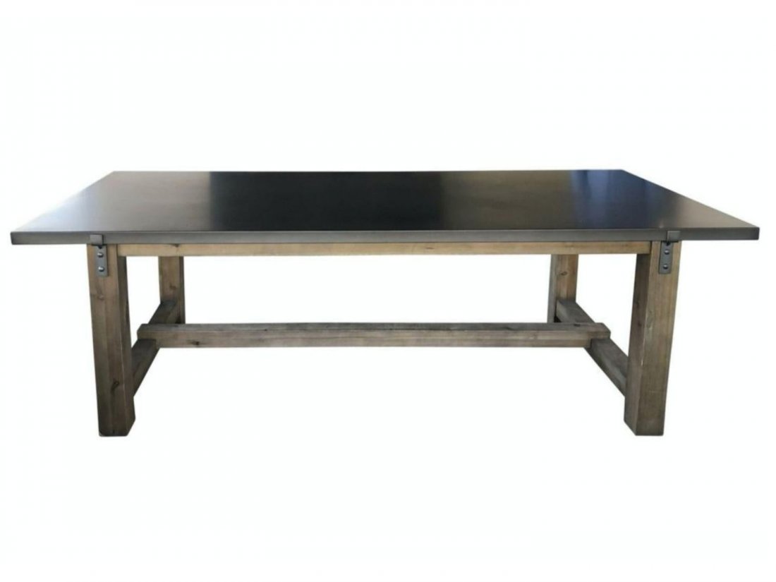 Restoration Hardware 96" Zinc-Top Dining Table: Recommended for indoor or covered patio use. 96″w x 39.5″d x 30″h