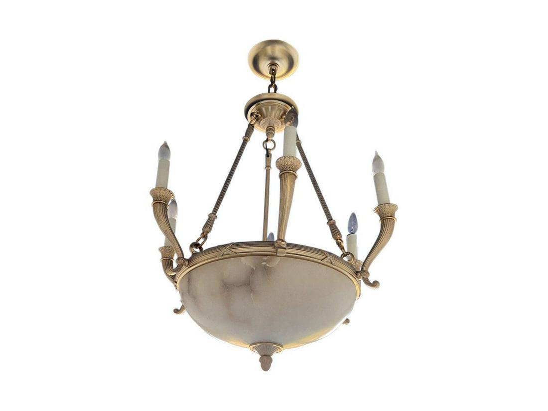 Zaneen Empire Alabaster Bowl Chandelier: Original retail: $2500. The dimensions are: alabaster bowl: 18” diameter. Overall width: 26.5” Overall height: 40”.
