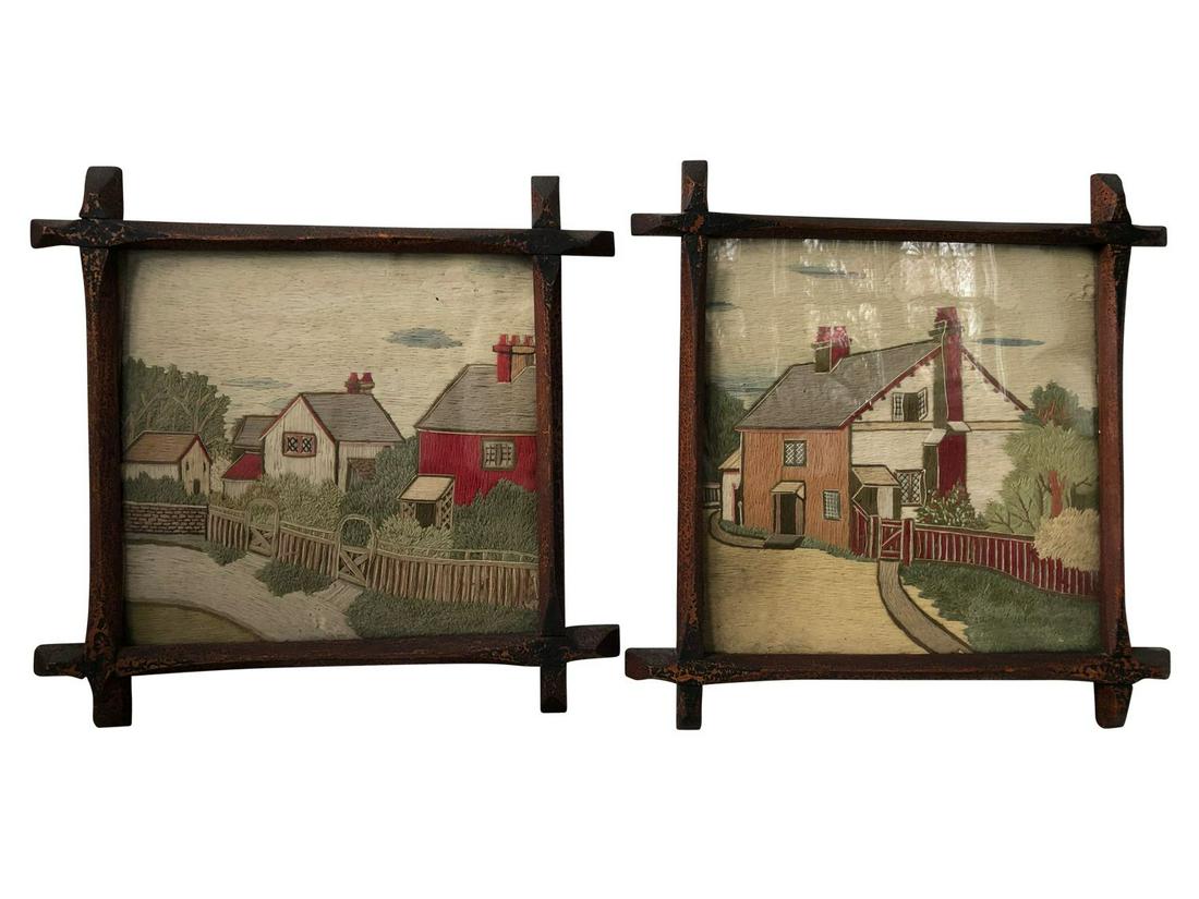 Antique Exceptional Pictorial Needlework, Pair (1 of 6)