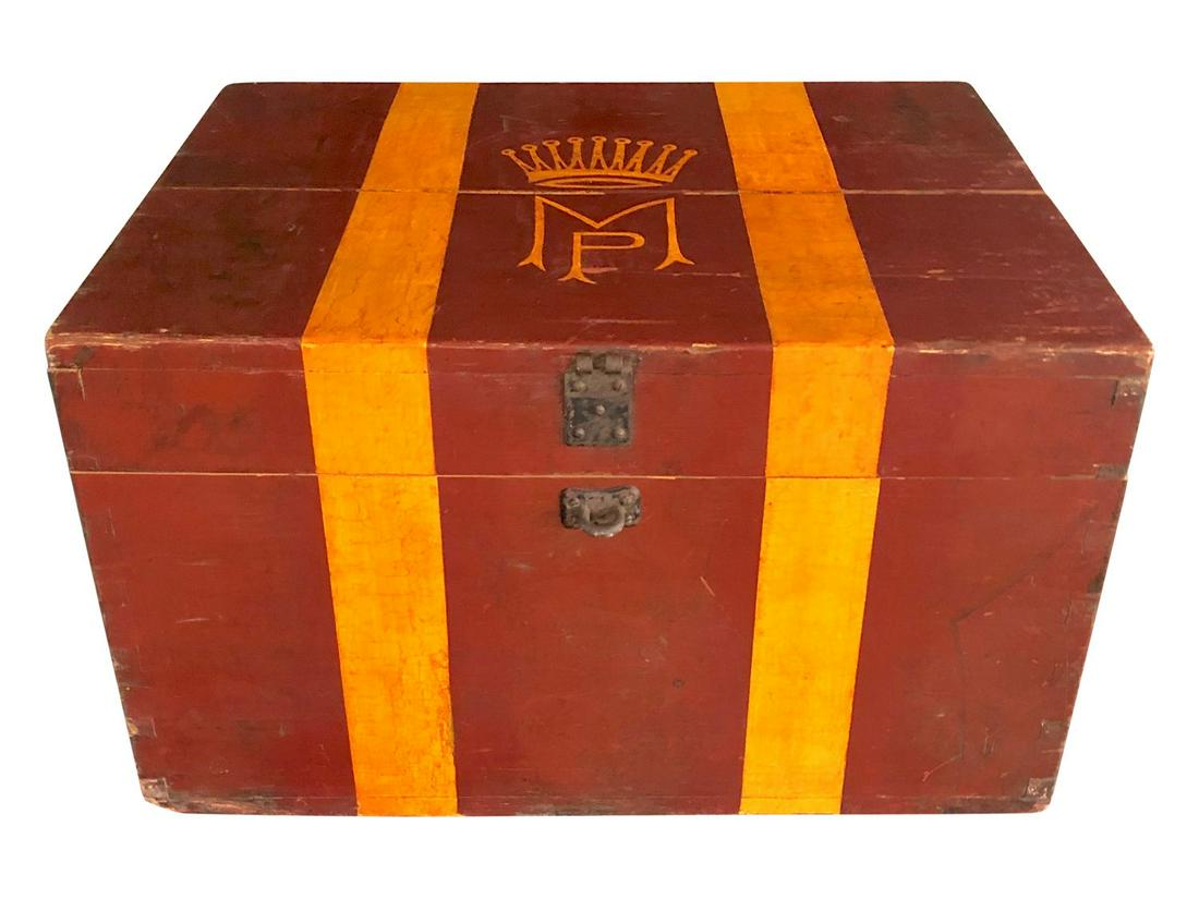 Antique Painted and Initialed Travel Trunk: 49.25w x 22.75d x 32h