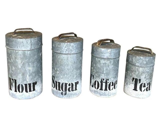 1960 Kitchen Galvanized Canisters: Flour: 6 diameter x 11hSugar: 5 diameter x 10hCoffee: 5 diameter x 9hTea: 4 diameter x 7.75h. Auction closing July 15th at 8pm EST. Free Local Pickup at our TLV Warehouse on July 18th and July 22nd fr