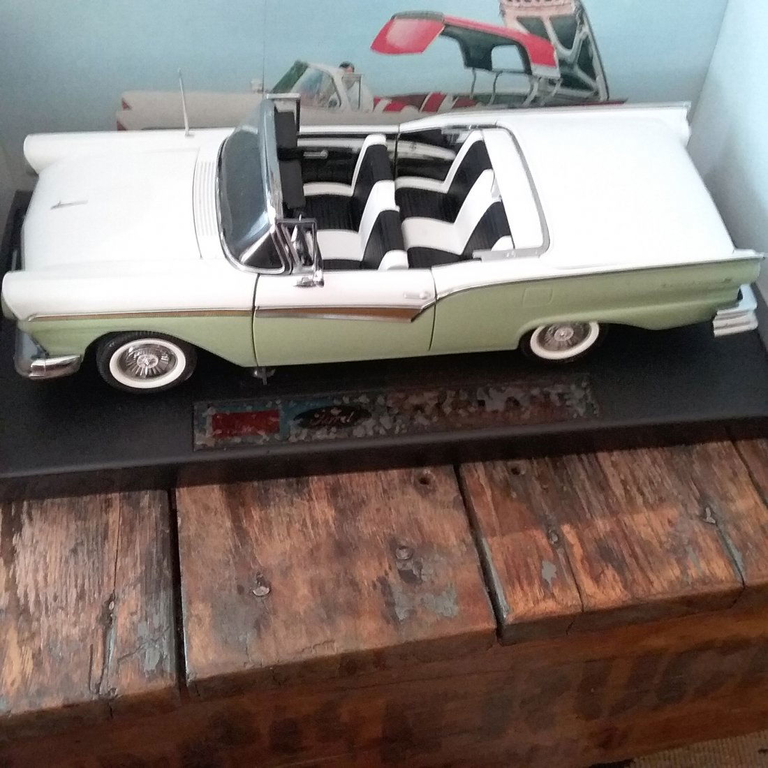 57 Ford Fairlane Skyliner: Beautiful die cast model car in excellent condition. However, original box has deterioration on the plastic cover