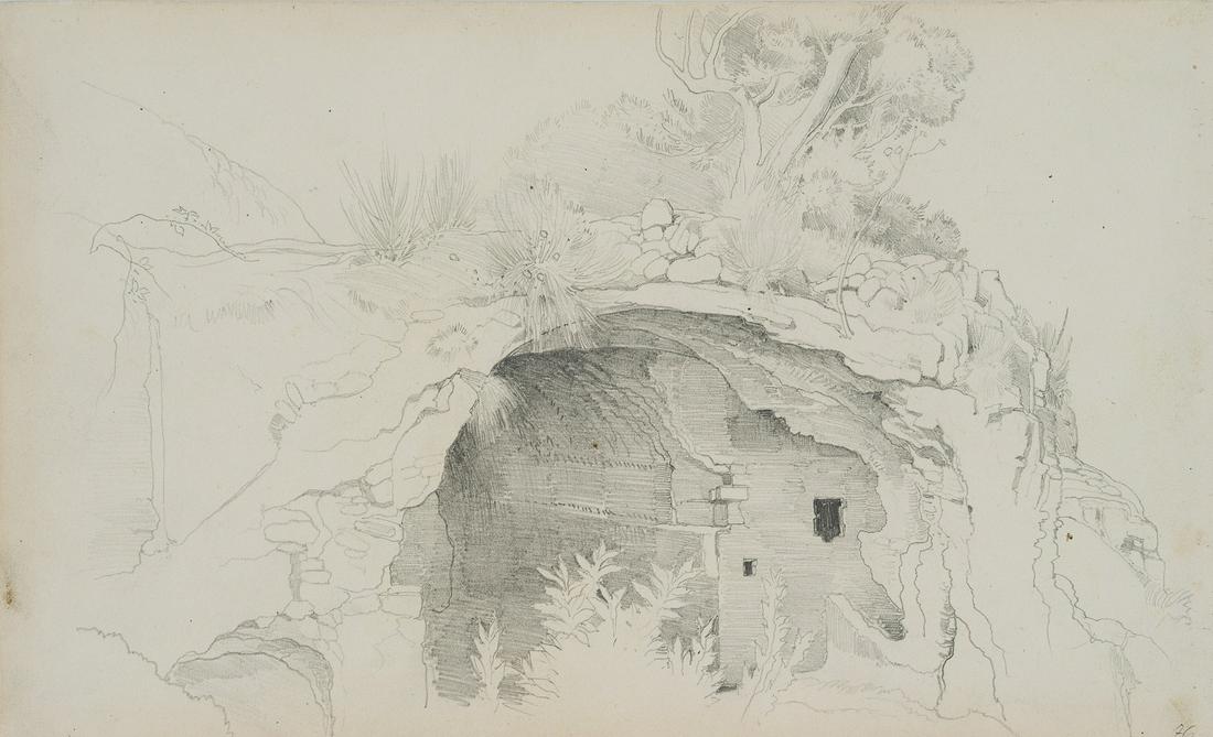C.HUMMEL(*1821), Ancient ruin, grotto, 1842: Carl Maria Nicolaus Hummel (1821 Weimar - 1907 Weimar), Ancient ruin, grotto in the rock, 1842, Pencil drawing Technique: Pencil drawing on Paper Size: 6 1/2 x 10 2/3 in Inscription: verso by an unkno