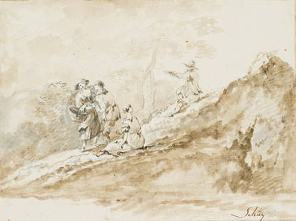 C.SCHÜTZ(*1758), Sheperds on a rock, 18th c.: Christian Georg Schütz (1758 Flörsheim - 1823 Frankfurt am Main), Sheperds on a rock, 18th c., Brush drawing Technique: Brush drawing with brown ink over Pencil drawing on Paper Size: 6 1/3
