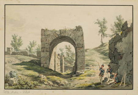 J.HUBER(*1787), Porta di Nola at Pompeii, c. 1820: Jakob Wilhelm Huber (1787 Düsseldorf - 1871 Zürich), Porta di Nola at Pompeii, c. 1810-1820, Watercolor over Pencil drawing Technique: Watercolor over Pencil drawing on Paper Size: 9 1/2 x