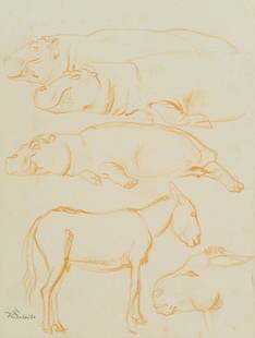 R.SCHEIBE(*1879), Animal studies: Richard Scheibe (1879 Chemnitz - 1964 Berlin), Animal studies, Red chalk drawing Technique: Red chalk drawing on Paper Size: 10 2/3 x 8 1/4 in Inscription: lower left in pencil signed: "RScheibe", ver