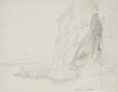 T.WELLER(*1802), Rocky coast at Sorrent, 1846: Theodor Leopold Weller (1802 Mannheim - 1880 Mannheim), Rocky coast at Sorrent, 1846, Pencil drawing Technique: Pencil drawing on Paper Size: 11 2/3 x 14 3/4 in Inscription: lower right inscribed and