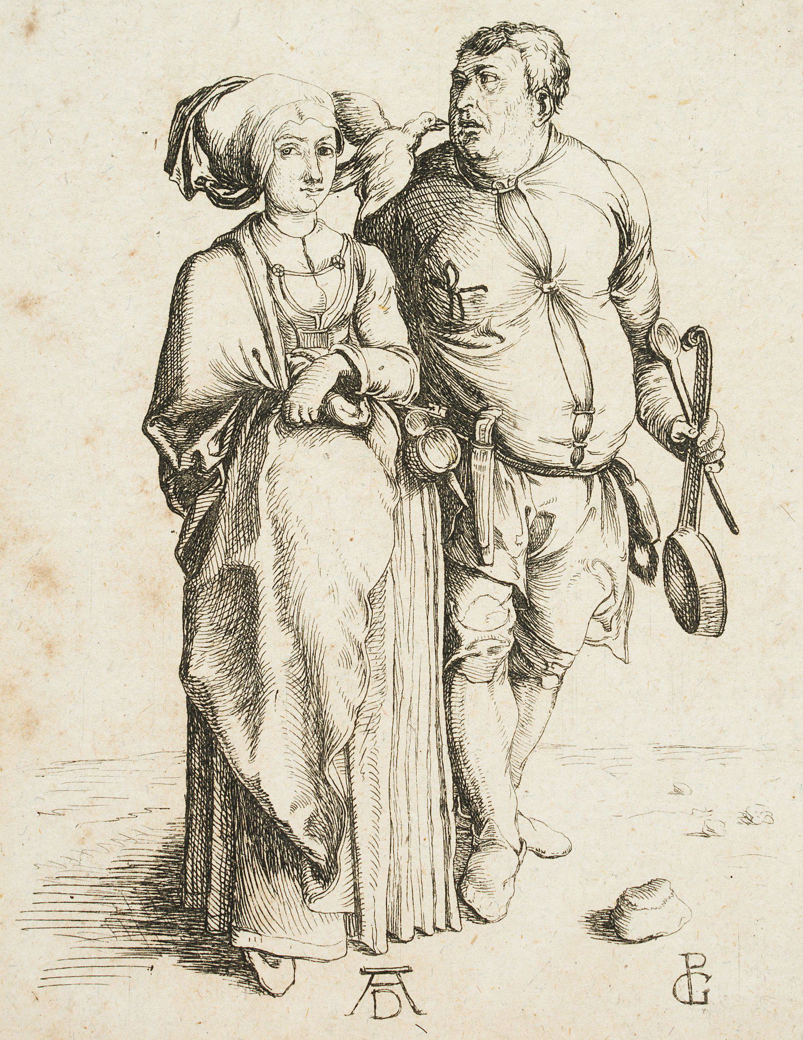 PRESTEL aft. DÜRER, Cook and his wife, 18th c.: Johann Gottlieb Prestel (1739 Grönenbach - 1808 Frankfurt am Main) after Albrecht Dürer: The cook and his wife, 18th century, Etching Technique: Etching on paper Size: 5 x 4 in, Plate: 4 2/