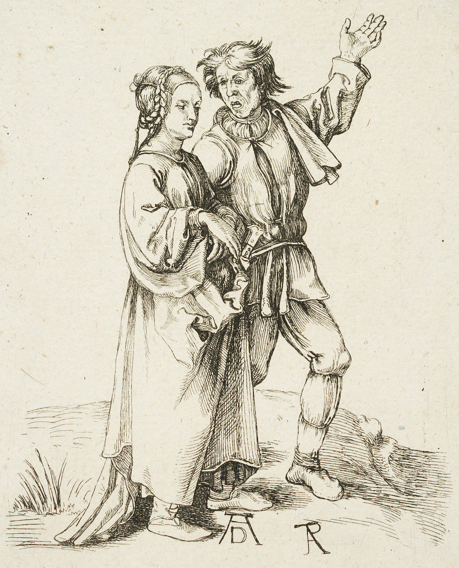 PRESTEL a. DÜRER, Young peasant and wife, 18th c.: Johann Gottlieb Prestel (1739 Grönenbach - 1808 Frankfurt am Main) after Albrecht Dürer: The young peasant and his wife, 18th century, Etching Technique: Etching on paper Size: 4 3/4 x 4 in