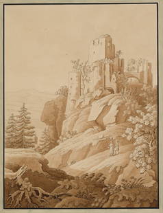C.SPRINCK(*1769) ZINGG circle: Castle Frauenstein: Christian Friedrich Sprinck (1769 Dresden - 1831? Dresden), Adrian Zingg circle: Ruins of Castle Frauenstein in the Ore Mountains, c. 1790, Indian ink Technique: Indian ink, in brown washed Size: 9 2/