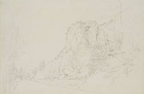 H.REINHOLD(*1788), Italian landscape, c. 1800: Heinrich Reinhold (1788 Gera - 1825 Rom), Italian landscape with rock massif, c. 1800, Pencil drawing Technique: Pencil drawing on Paper Size: 9 x 13 2/3 in Inscription: verso inscribed: "Heinrich Rei