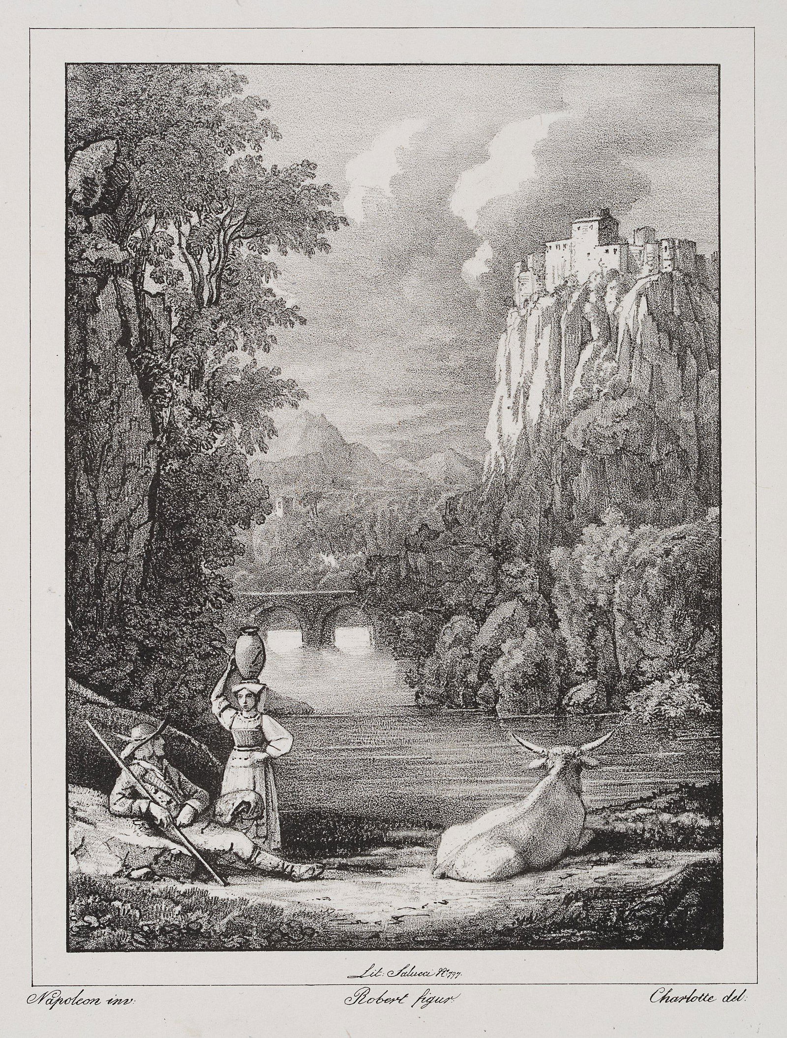 BONAPARTE(*1802) Landscape, shepherd and woman, c. 1830: Charlotte Bonaparte (1802 Paris - 1839 Sarzana) after Napoléon Louis Bonaparte (1804 Paris - Forli 1831), Landscape with shepherd and woman, c. 1830, Lithograph on chine collé Technique: Lit