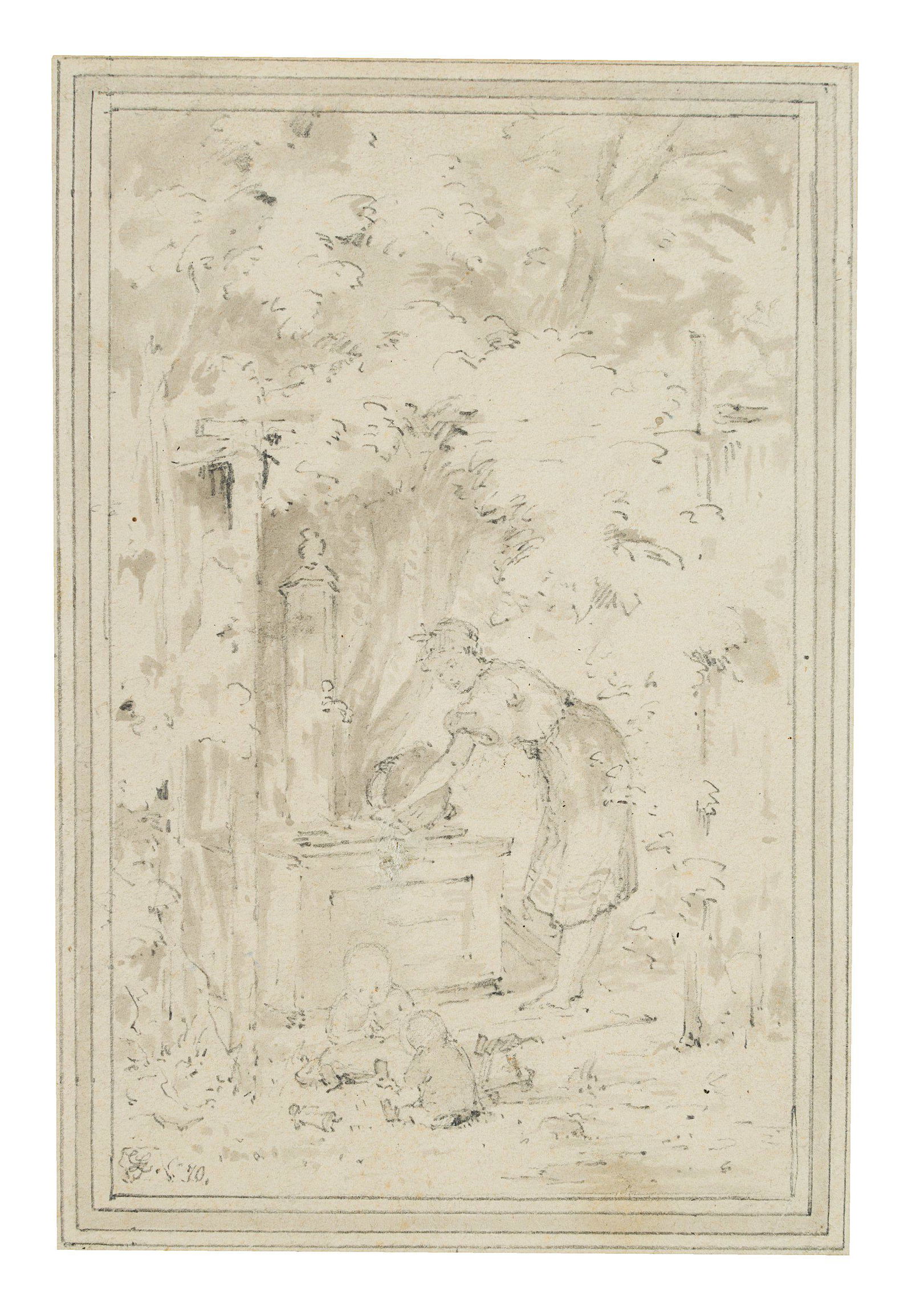 LAEVERENZ(*1851), Young woman with children, 1870: Gustav Laeverenz (1851 Hannover - 1906 München), Young woman with children at the well, 1870, washed Pen drawing Technique: Washed Pen drawing with black ink on paper Size: 5 1/4 x 3 1/2 in Inscr