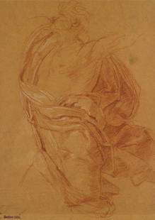 F.GESELSCHAP(*1835), Figure and drapery study: Friedrich Geselschap (1835 Wesel - 1898 Rom), Figure and drapery study, 19th century, Red chalk Technique: Red chalk on paper, mounted on cardboard Size: 11 1/2 x 8 1/4 in Inscription: lower left with