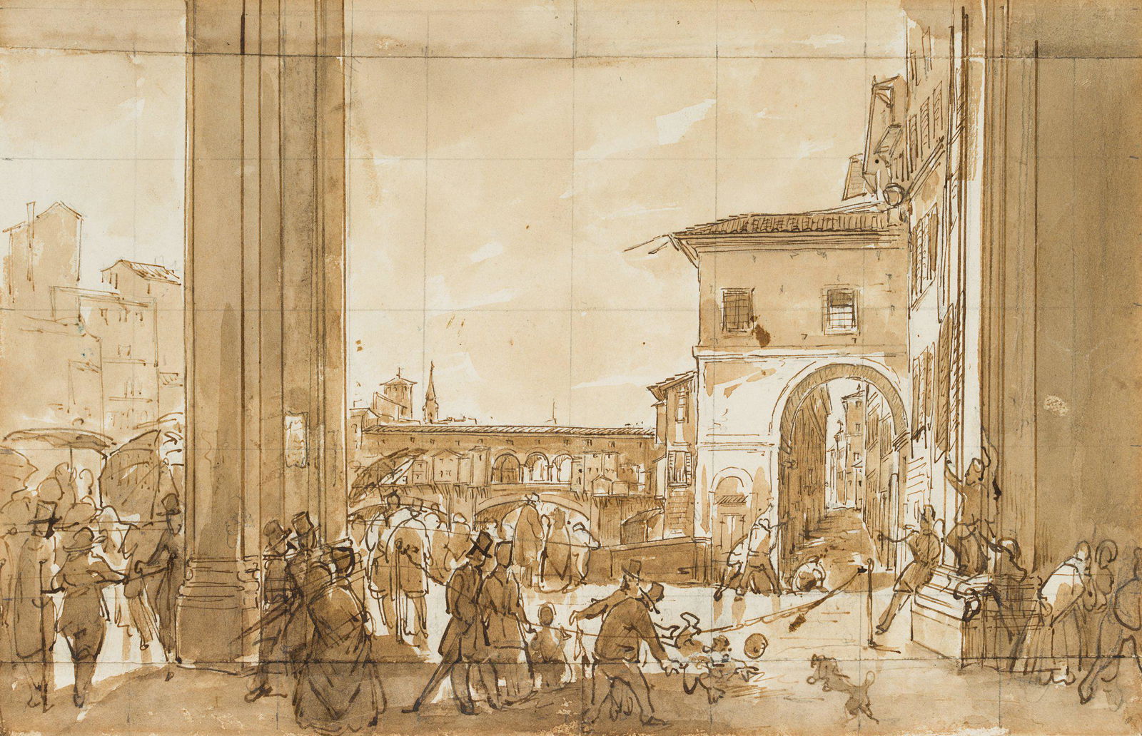 MORICCI(*1806), Ponte Vecchio, Uffizi in Florence: Giuseppe Moricci (1806 Florenz - 1879 Florenz), View of the Vasari Corridor and the Ponte Vecchio from the Portico of the Uffizi in Florence, 19th century, Pen drawing over Pencil drawing Technique: P