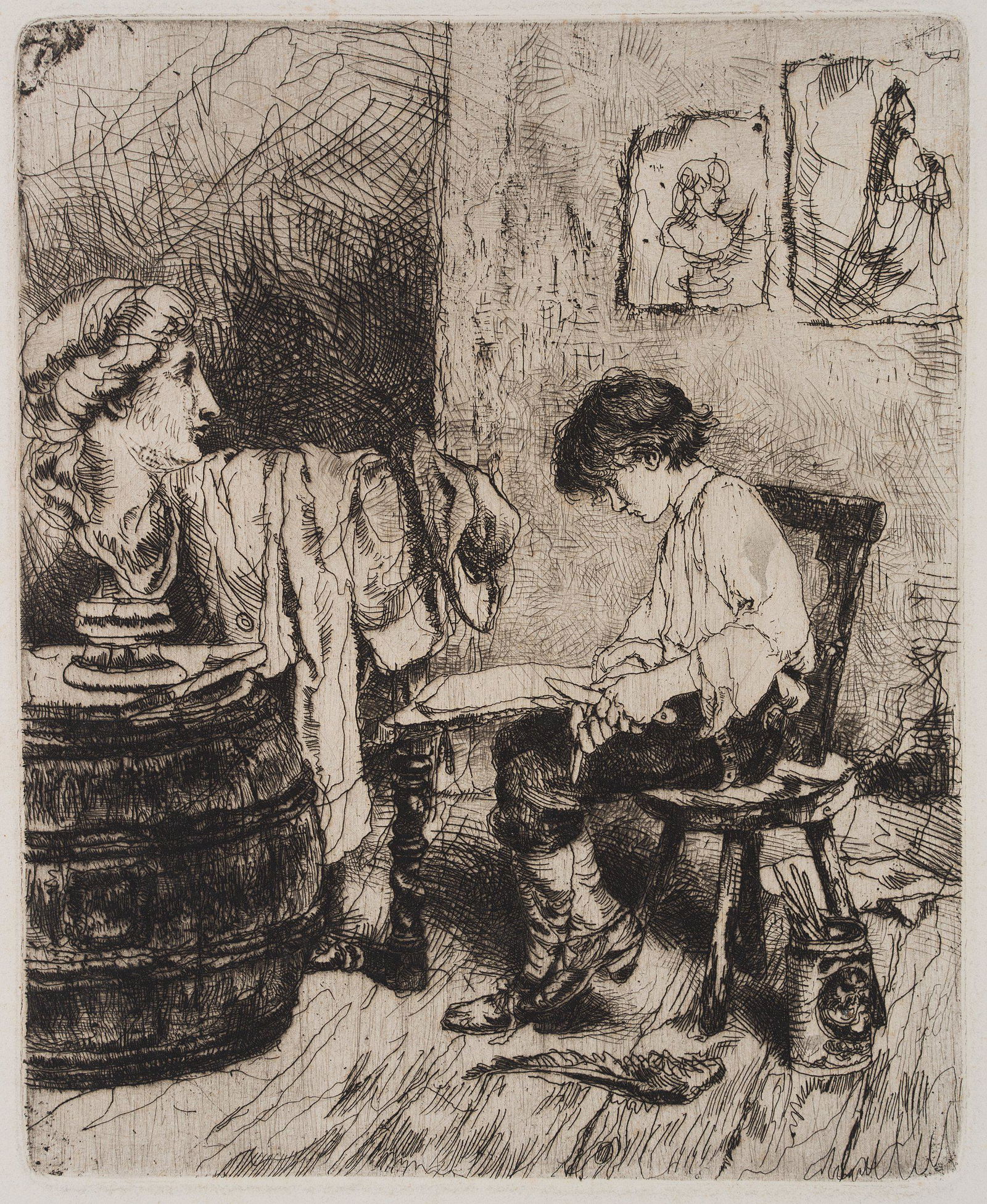 W.LINNIG(*1842), The artist in front of the model: Willem Linnig (1842 Antwerpen - 1890 Antwerpen), The artist in front of the model, Etching Technique: Etching on paper Size: 14 3/4 x 12 1/4 in, Plate: 8 1/2 x 7 in Inscription: verso by an unknown h