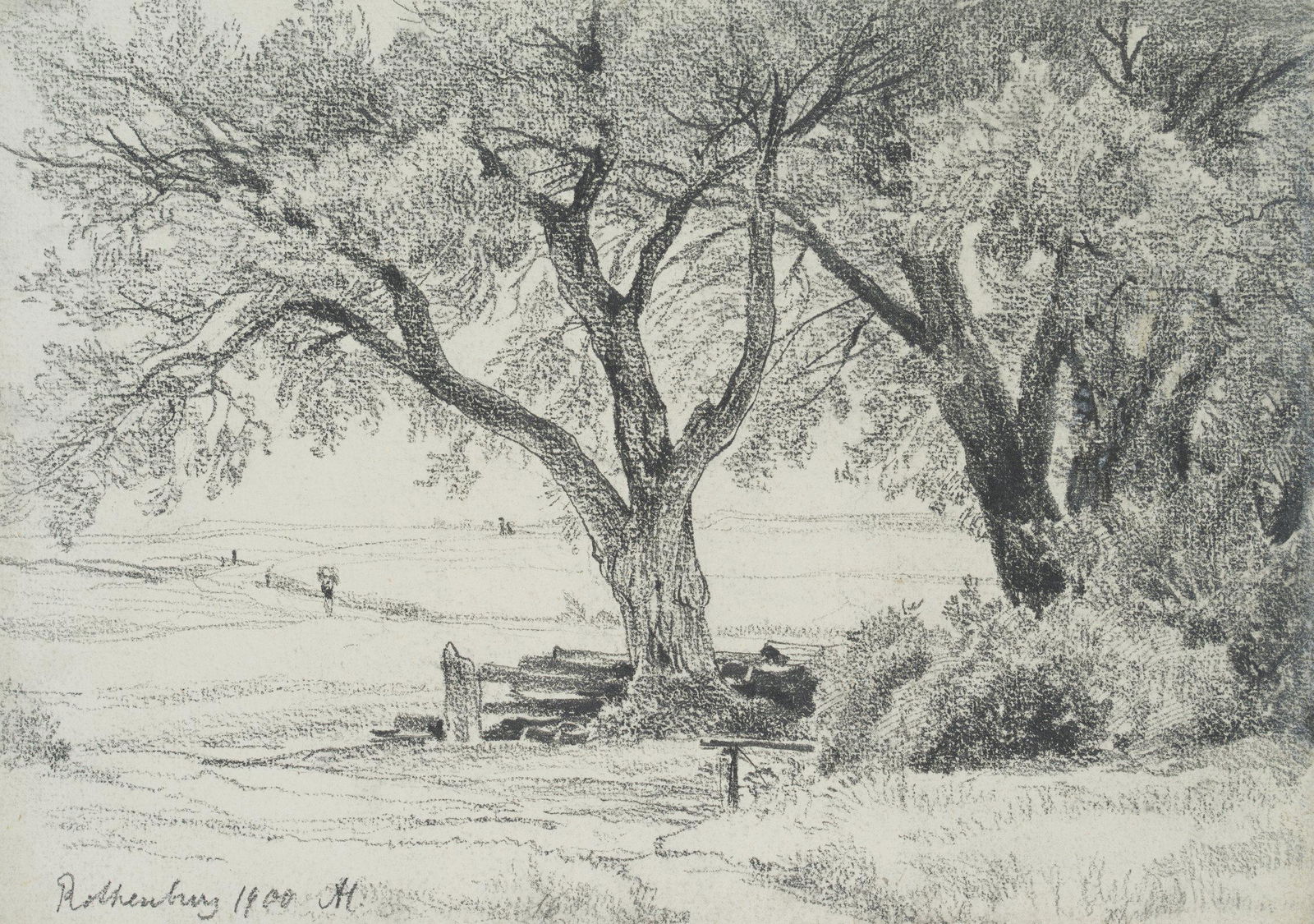 A.HERTEL(*1843), Park near Rothenburg, 1900: Albert Hertel (1843 Berlin - 1912 Berlin), Park near Rothenburg, 1900, Charcoal Technique: Charcoal on paper, on cardboard Size: 9 1/4 x 13 in Inscription: lower left inscribed, dated and monogrammed: