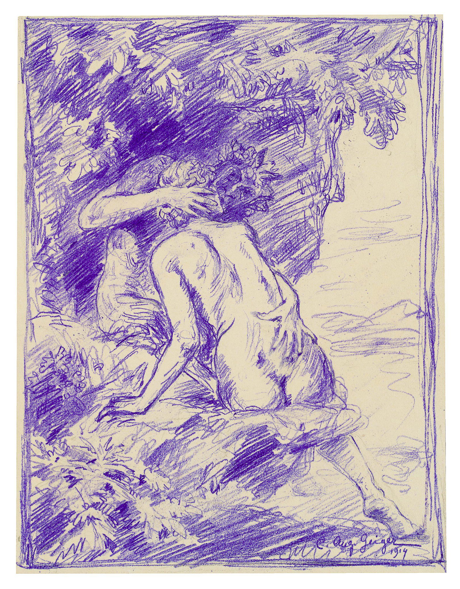 C.GEIGER(*1847), Pan and Nymph, 1914: Caspar Augustin Geiger (1847 Lauingen - 1924 München), Pan and Nymph, 1914, Colored Pencil drawing Technique: Purple colored Pencil drawing on paper, mounted on cardboard Size: 9 x 6 3/4 in Inscr