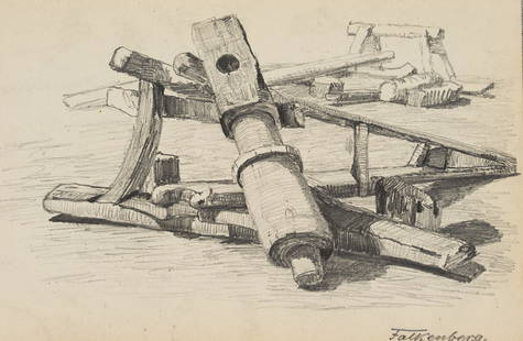 FALKENBERG(*1850), Broken winch, c. 1914: Georg Richard Falkenberg (1850 Berlin - 1935 Berlin), Still life with broken winch, c. 1914, Pencil drawing on Paper Technique: Pencil drawing on Paper, mounted on cardboard Size: 4 x 6 in Inscription