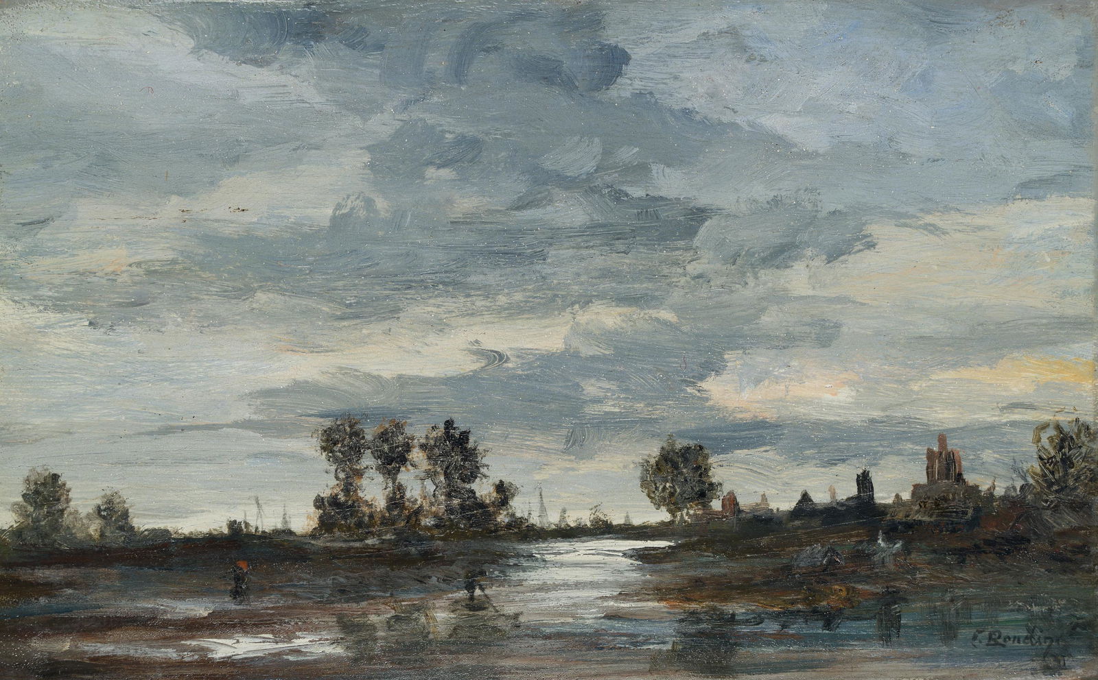 RONDINI, Dutch river landscape, c. 1900, oil (1 of 4)
