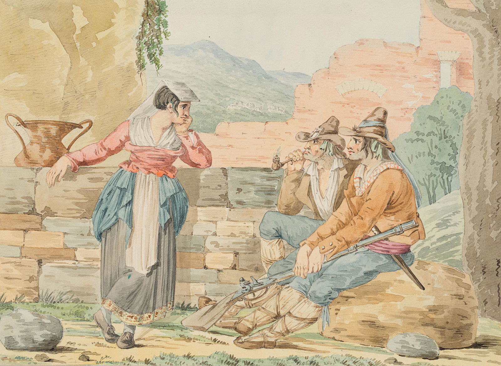 B.PINELLI(*1781), Italian girl with two brigands, 19th: Bartolomeo Pinelli (1781 Rom - 1835 Rom), Italian girl with two brigands, 19th century, Watercolor Technique: Watercolor on paper Size: 7 1/2 x 10 1/2 in Inscription: verso by an unknown hand in penci