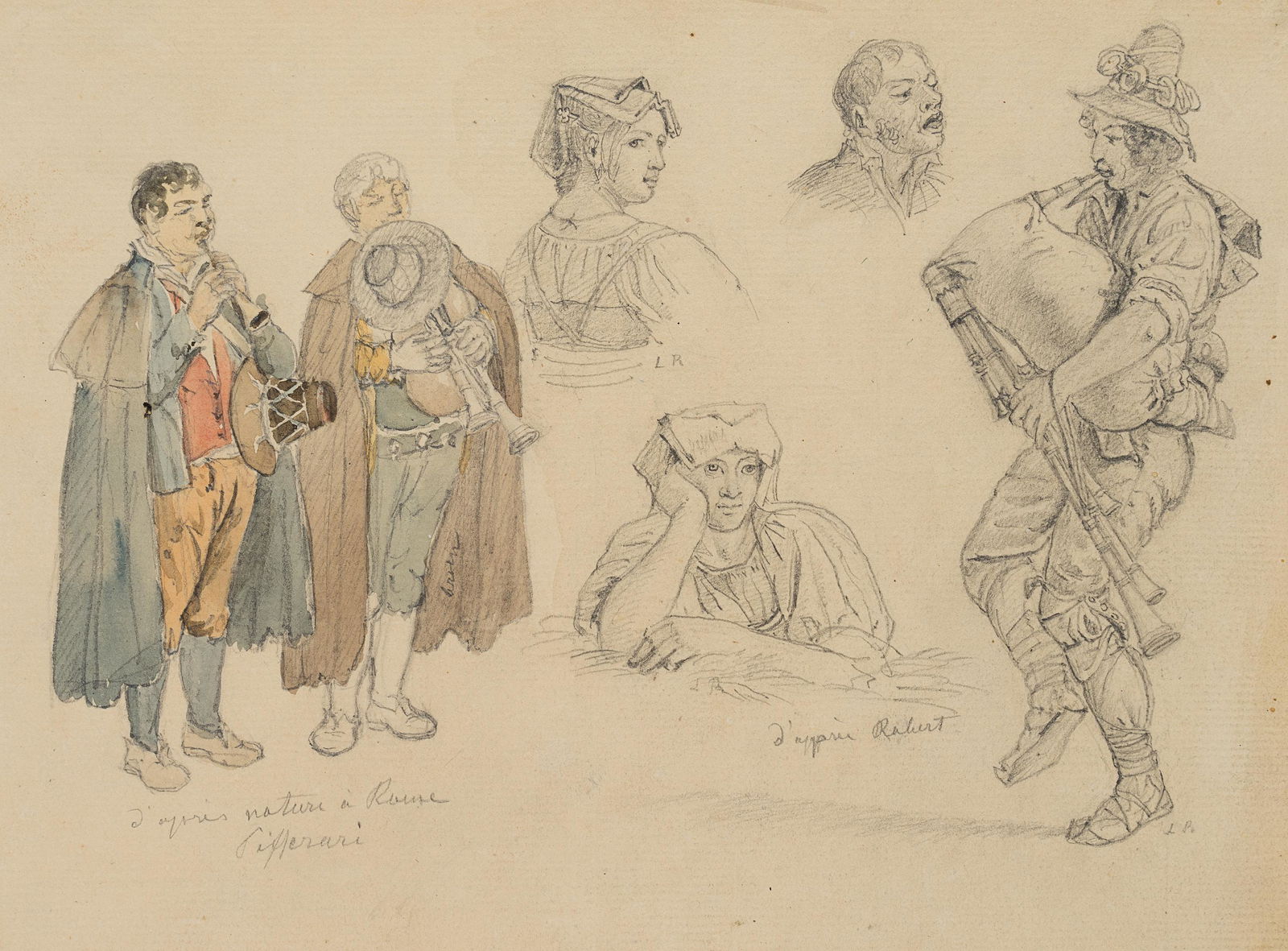 B.PINELLI(*1781), Figure study, Pifferari making music: Bartolomeo Pinelli (1781 Rom - 1835 Rom), Figure study, Pifferari making music and roman women, 19th century, washed Pencil drawing Technique: Washed Pencil drawing on paper Size: 6 2/3 x 9 in Inscrip