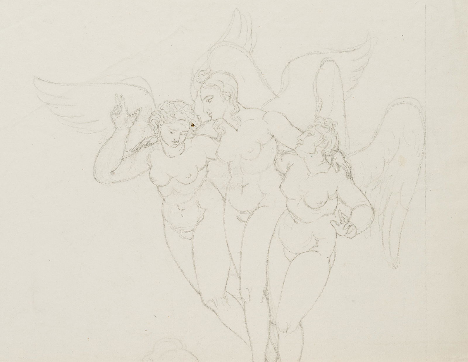 C.TIECK(*1776), Angels, Female nudes, 19th century,: Christian Friedrich Tieck (1776 Berlin - 1851 Berlin), Angels, Female nudes, 19th century, Pencil drawing Technique: Pencil drawing on paper Size: 10 1/3 x 16 1/2 in Condition: Good condition. Especia