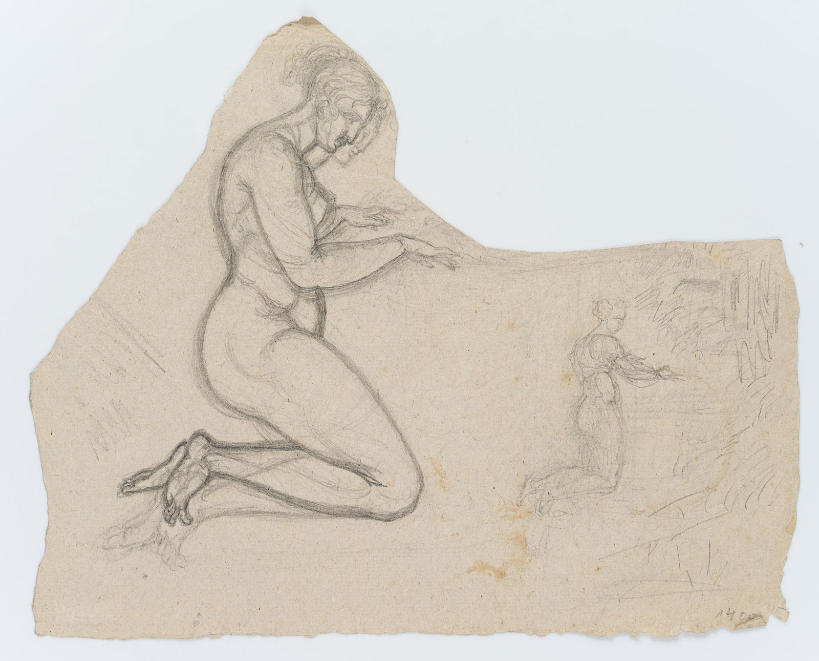 C.TIECK(*1776), Study of a kneeling nude, 19th century,: Christian Friedrich Tieck (1776 Berlin - 1851 Berlin), Study of a kneeling nude, 19th century, Pencil drawing Technique: Pencil drawing on paper Size: 10 x 12 2/3 in Inscription: Verso: Sketch of a gr