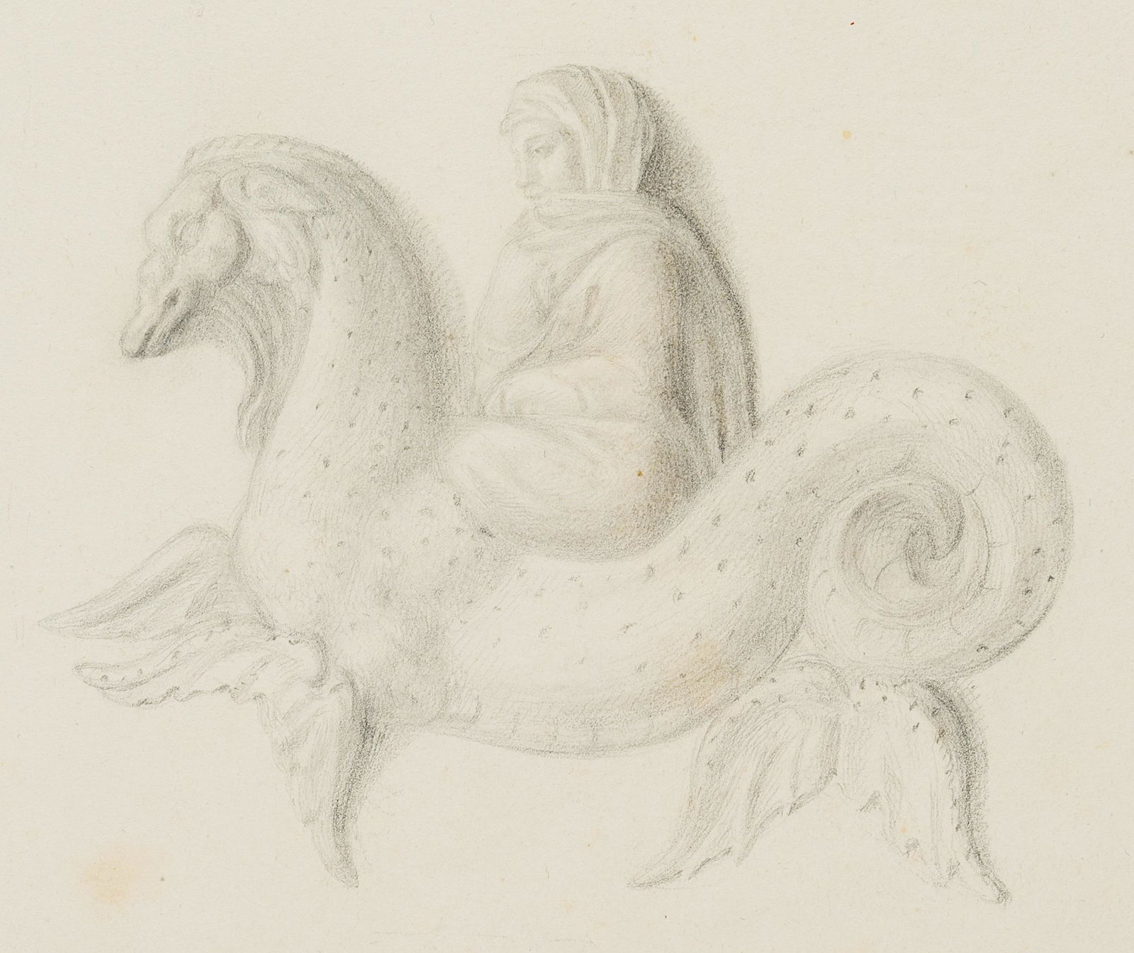 C.TIECK(*1776), Hooded figure riding on a chimera, 19th: Christian Friedrich Tieck (1776 Berlin - 1851 Berlin), Hooded figure riding on a chimera, 19th century, Pencil drawing Technique: Pencil drawing on paper, water mark: "[...]Wise 13" Size: 4 x 4 3/4 in