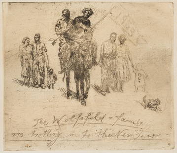 E.WOLFSFELD(*1884), New Year's Greetings 1953, Rider: Erich Wolfsfeld (1884 Krojanke - 1956 London), New Year's Greetings 1953, Rider and Family, 1952/53, Etching Technique: Etching on Paper Size: 5 3/4 x 9 in, Plate: 4 3/4 x 5 1/2 in Inscription: lower