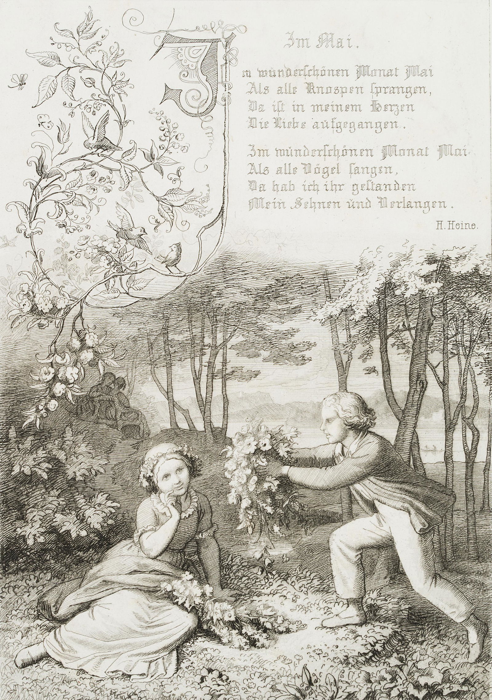 E.NEUREUTHER(*1806), Illustration to Heine's poem "Im: Eugen Napoleon Neureuther (1806 München - 1882 München), Illustration to Heine's poem "Im wunderschönen Monat Mai" (In the beautiful month of May), 1852, Etching Technique: Etching on p