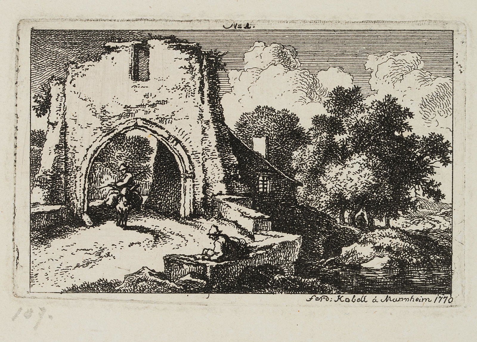 F.KOBELL(*1740), Traveller at the gate of a castle: Ferdinand Kobell (1740 Mannheim - 1799 München), Traveller at the gate of a castle ruin, 1770, Etching Technique: Etching on paper Size: 8 3/4 x 4 1/3 in, Plate: 2 x 3 1/3 in Inscription: lower