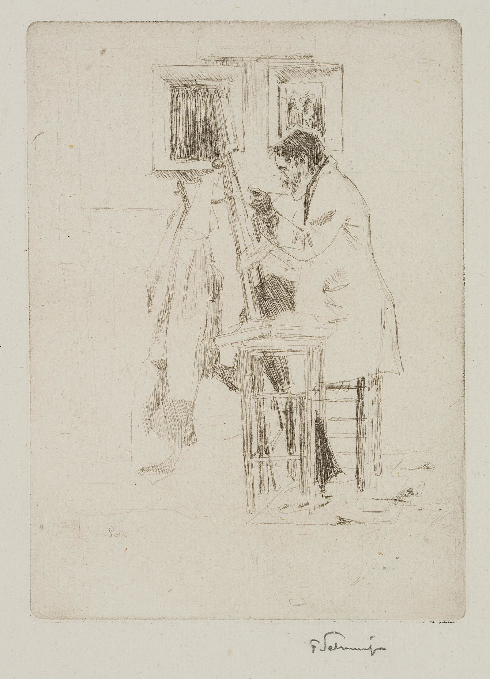 F.SCHMUTZER(*1870), The artist in the louvre museum, c.: Ferdinand Schmutzer (1870 Wien - 1928 Wien), The artist in the louvre museum, c. 1900, drypoint Etching Technique: Drypoint Etching on paper Size: 13 1/4 x 8 1/3 in, Plate: 6 1/2 x 4 3/4 in Inscriptio